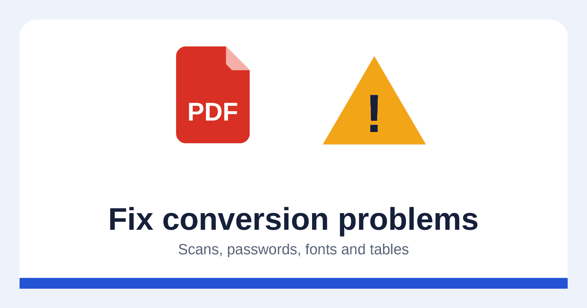 Illustration of a PDF document with a warning sign and a checklist of fixes